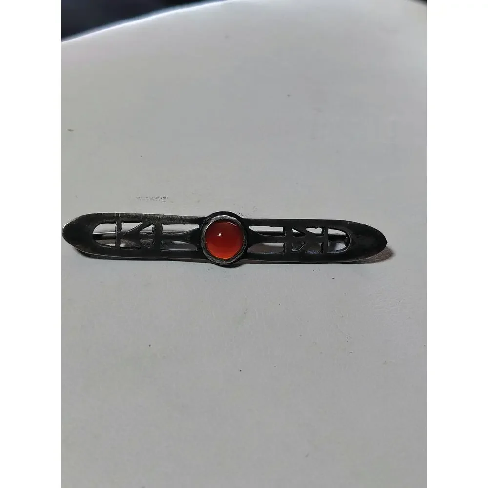 Vintage Sterling Silver Carnelian Arts & Crafts Openwork Bar Brooch Pin 925